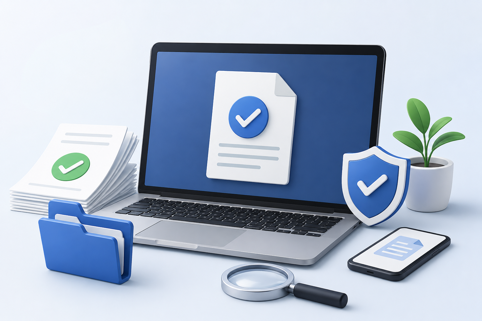 Ilustração de documentos digitais, laptop, pasta de arquivos e escudo de segurança representando emissão de documentos, consultas e serviços online.